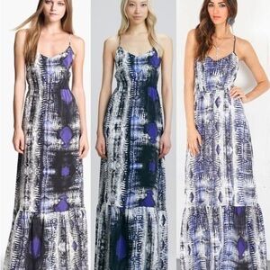 Parker Silk Maxi Dress XS Blue Abstract Print Criss Cross Back Ruffle Hem